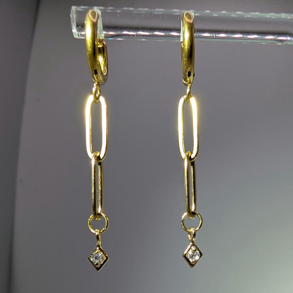 Gold Tone Paperclip Chain Huggie Earrings Gold Ion-Plated Stainless Steel Hoops - Picture 6 of 12